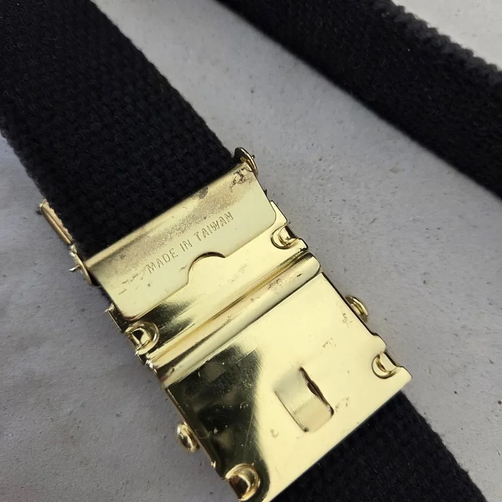 Navy Blue Ratchet Slide Belt Gold Hardware Fabric Adjustable Unisex Military
